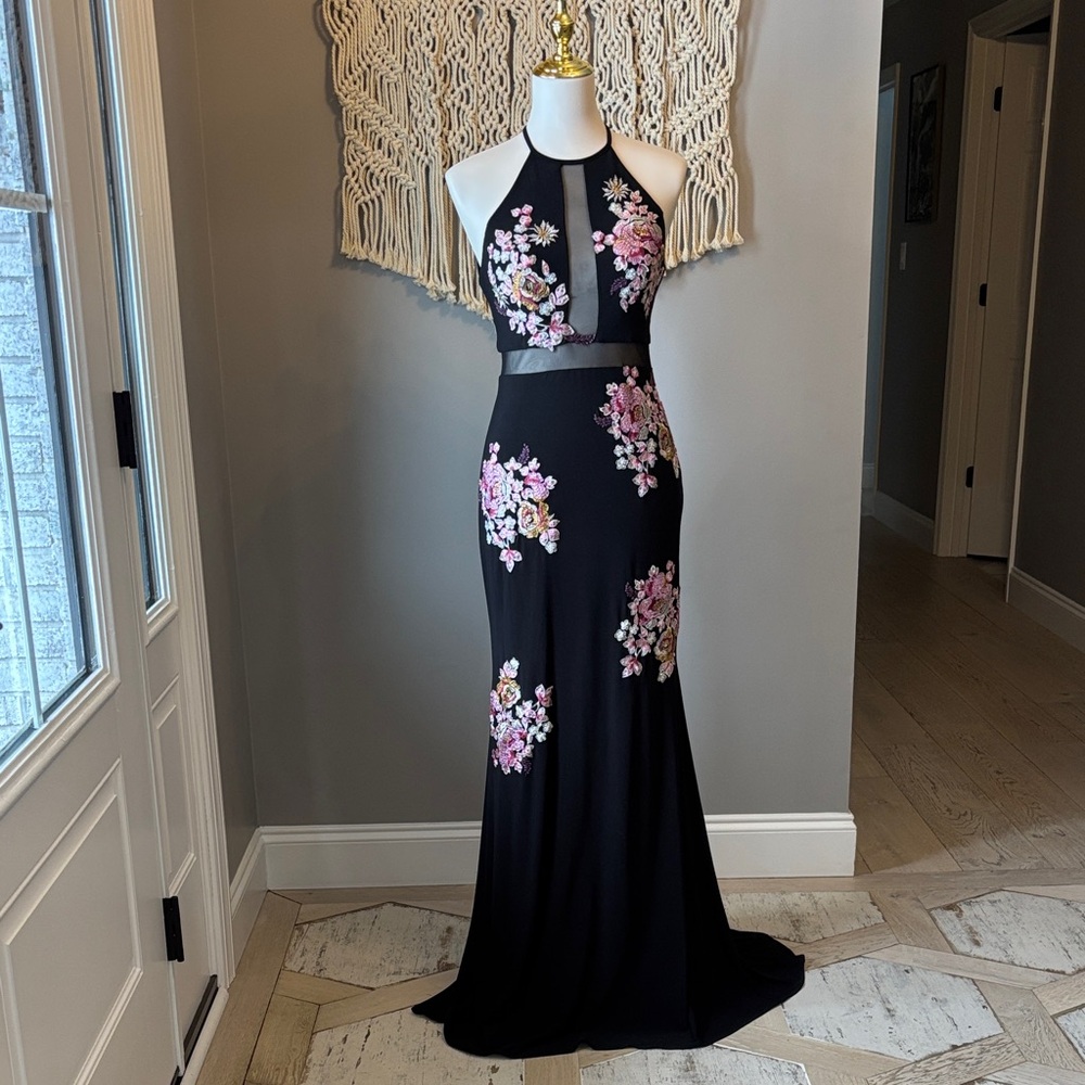 Xscape Black and Pink Floral Prom Dress